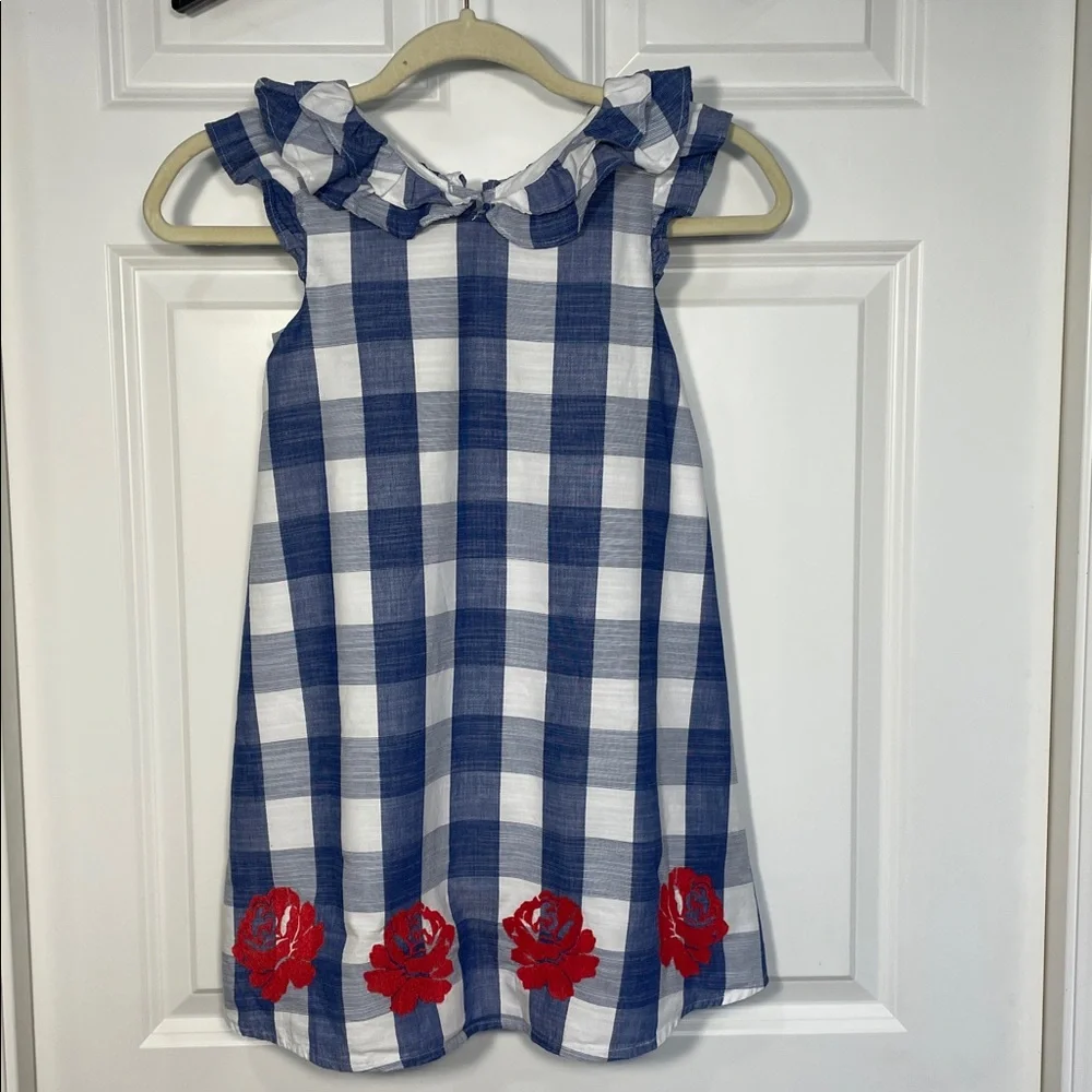 Janie and Jack Embroidery Floral Gingham Dress Size 7 Blue Red Sleeveless Ruffle